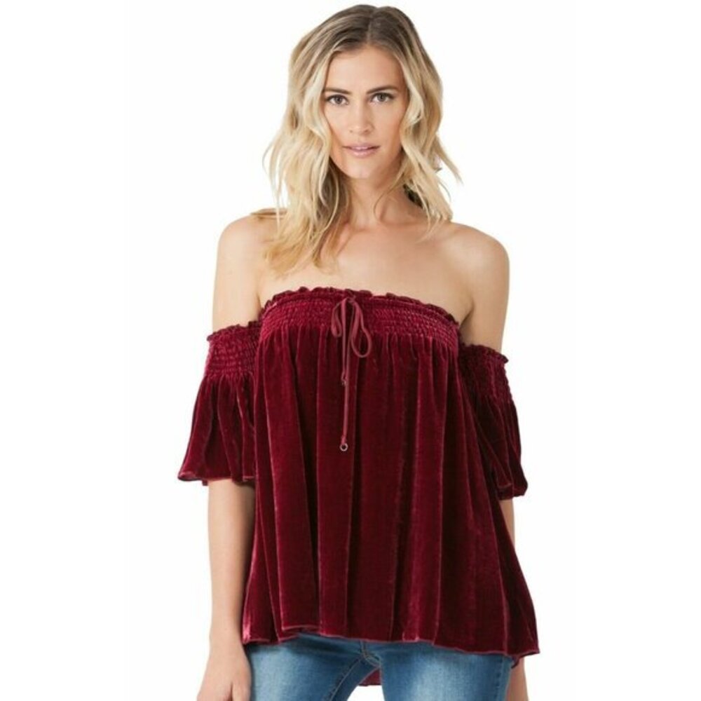 Hale Bob Burgundy Silk Velvet Off Shoulder Smocked Blouse Top Sz S New $215